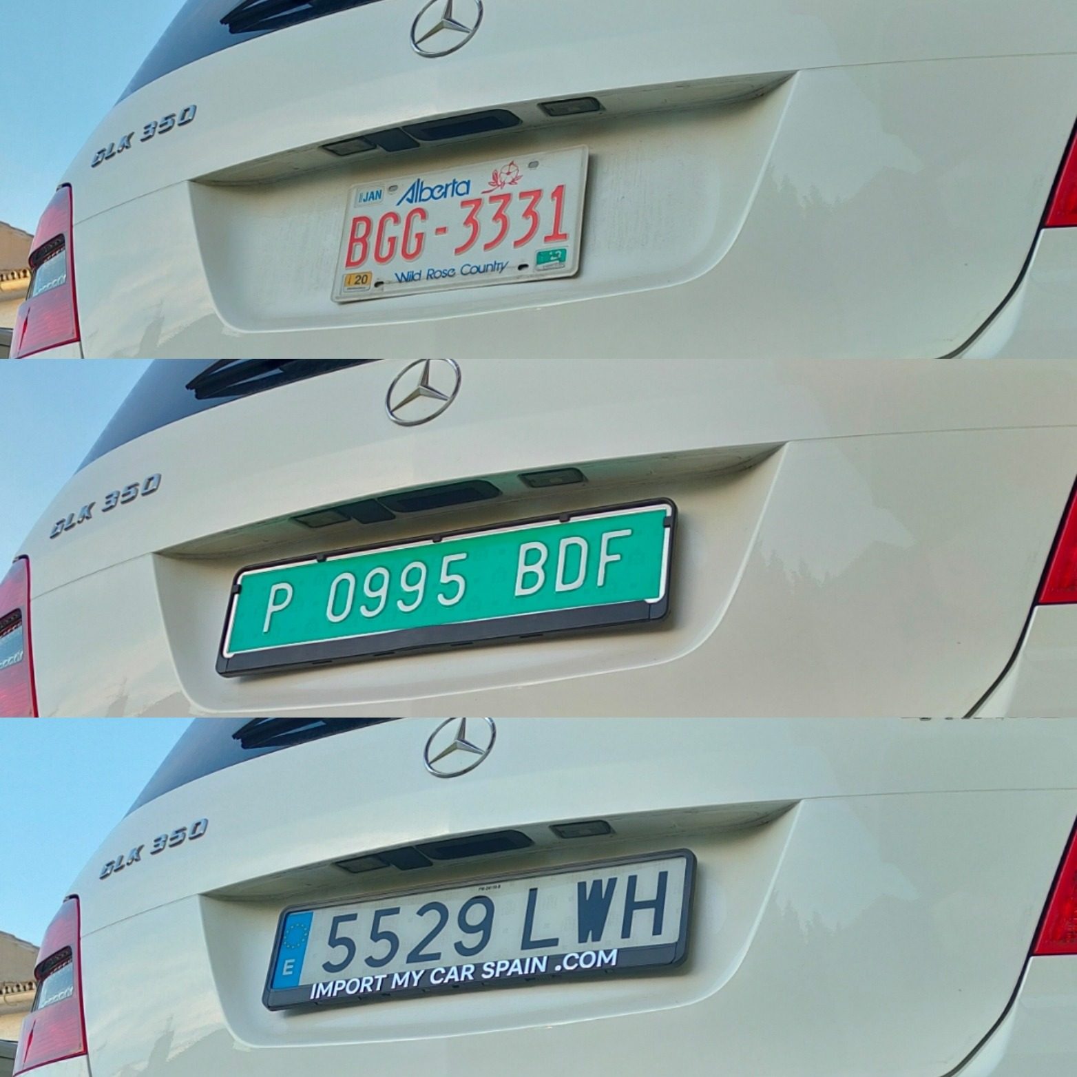The same car with an Alberta plate, a green temporary Spanish plate and its final Spanish plate